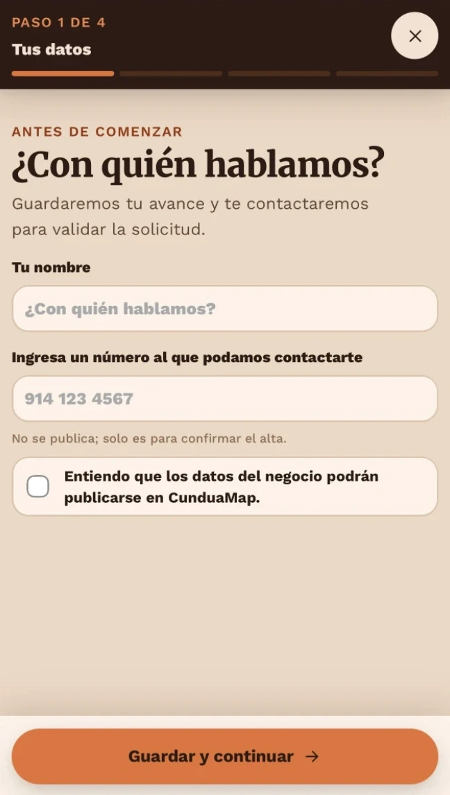 First registration step: contact name and phone