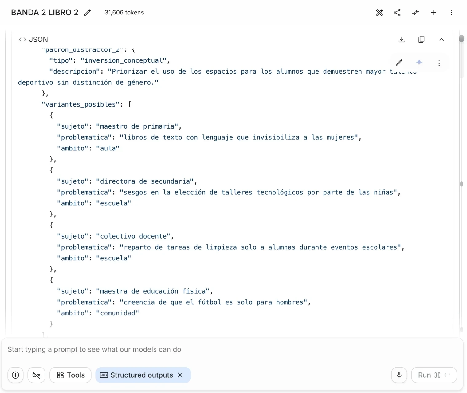 Band 2 JSON output: distractor pattern and variants by subject, problem and setting
