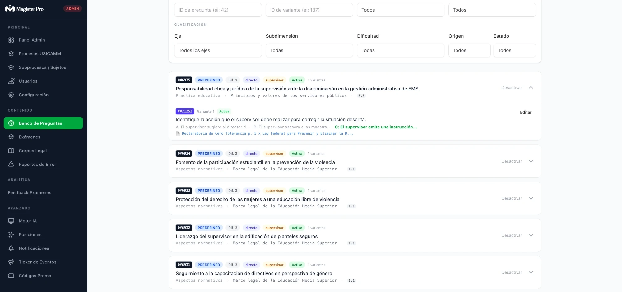 Question bank: each variant links to its source document and page