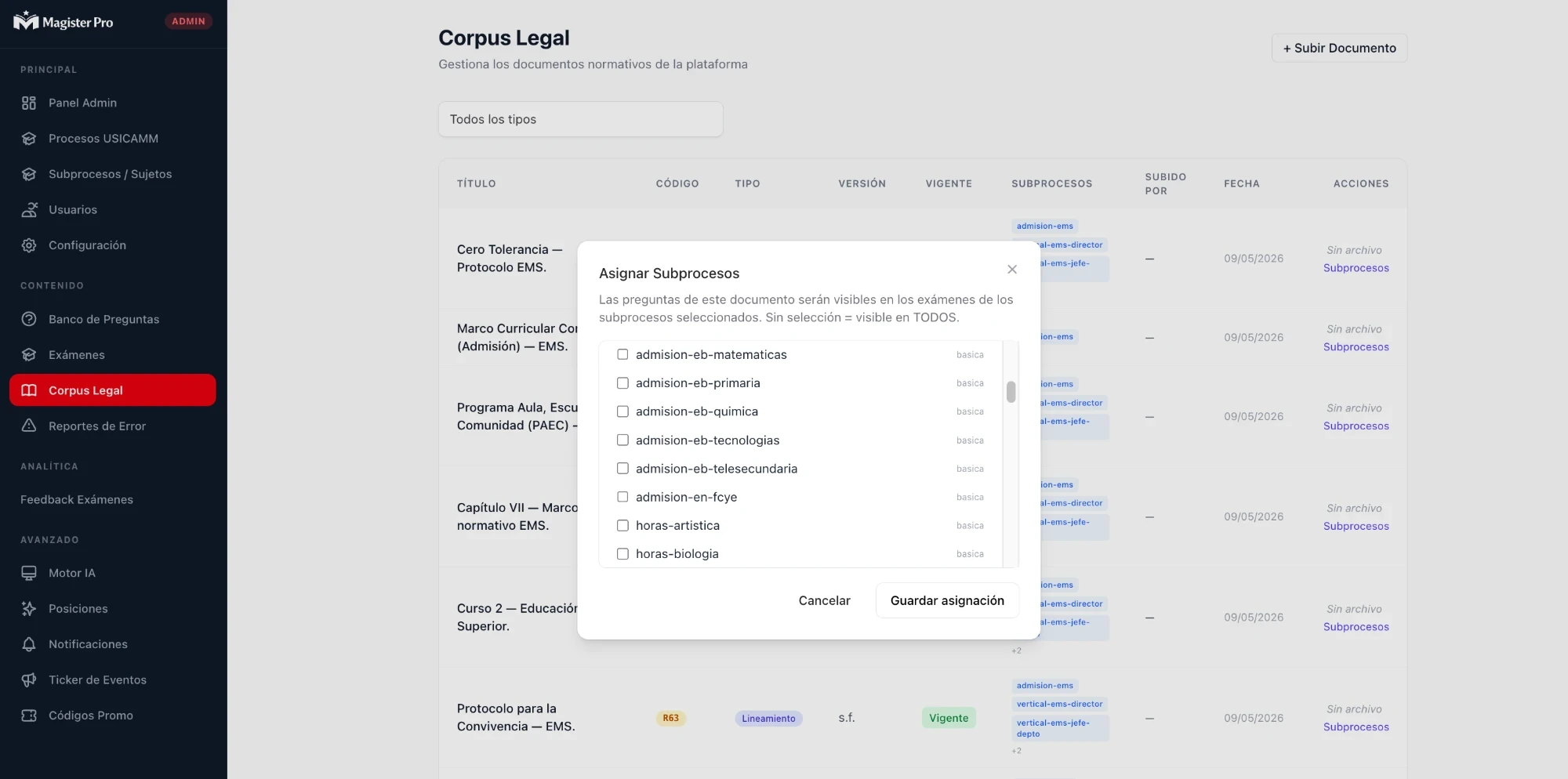 Legal corpus admin: assigning a document to the subprocesses that will see it