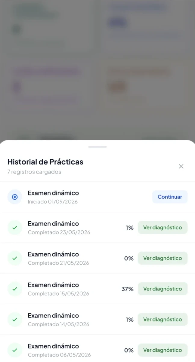Practice history with a diagnosis for each exam