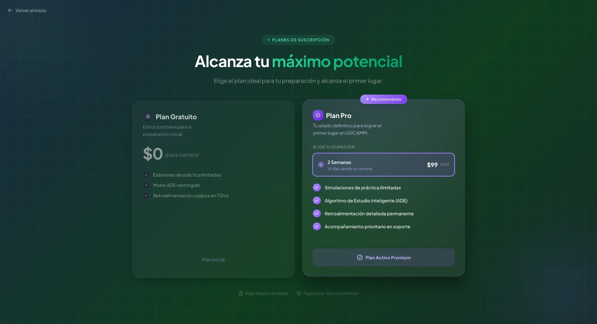 Subscription plans: free and Pro at $99 MXN for two weeks