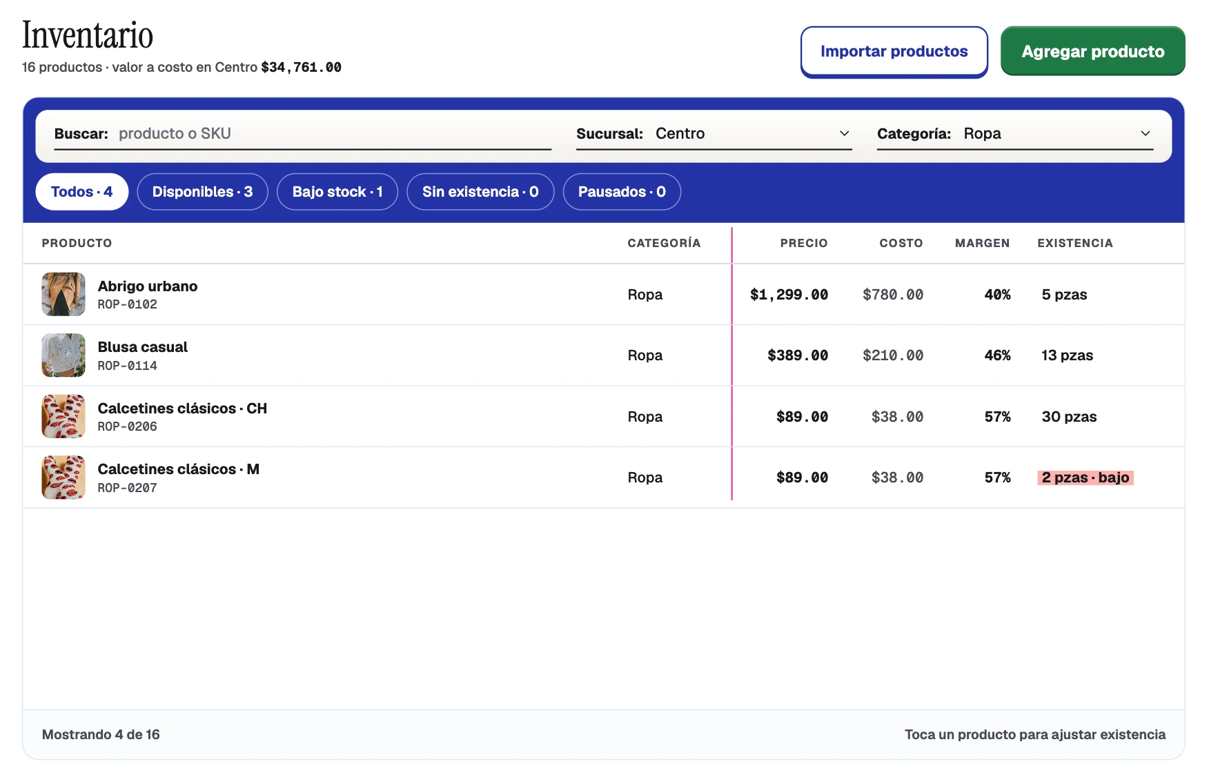 Inventory by branch with price, cost, margin and low-stock alert