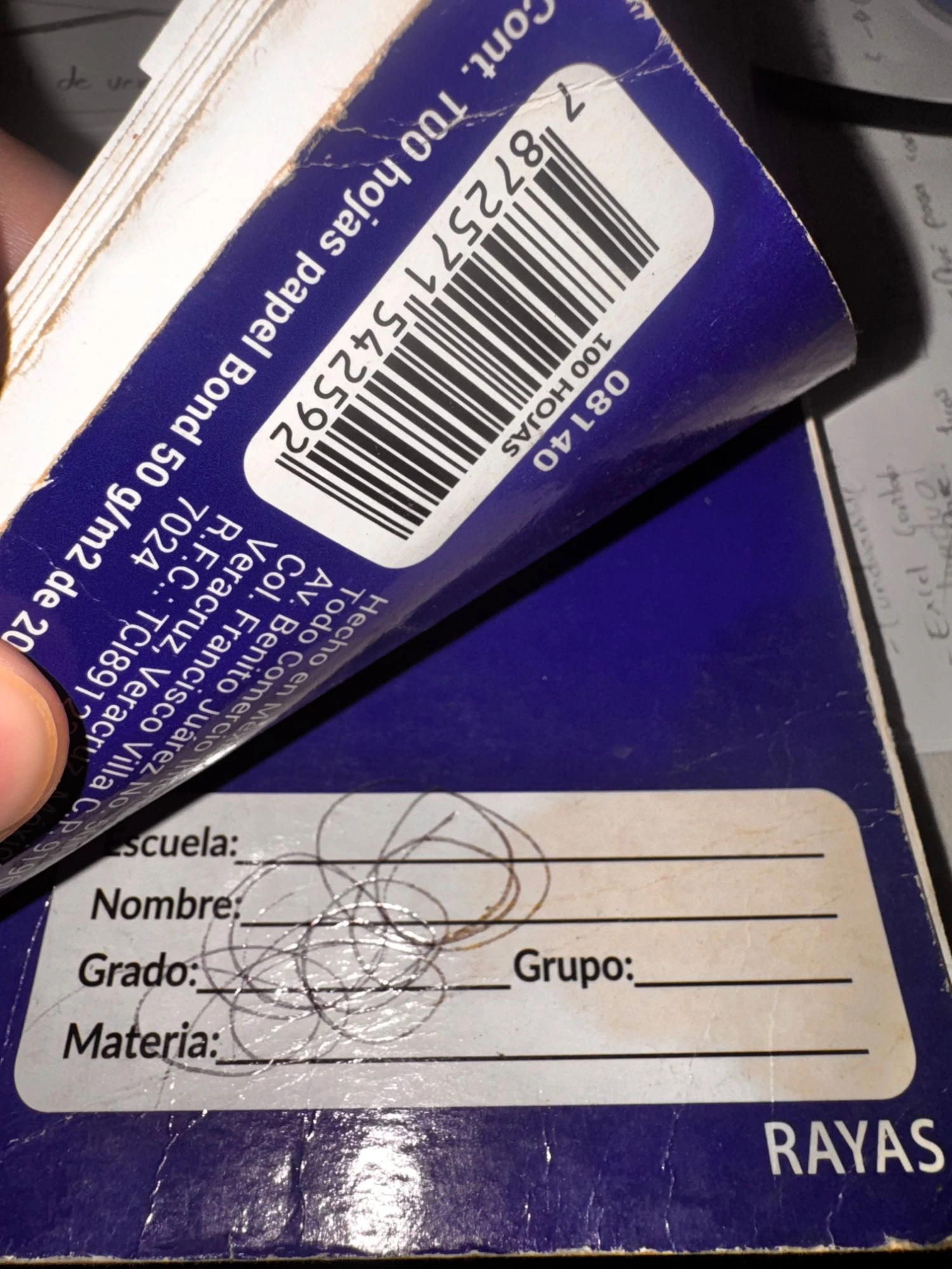 Cover of a ruled school notebook