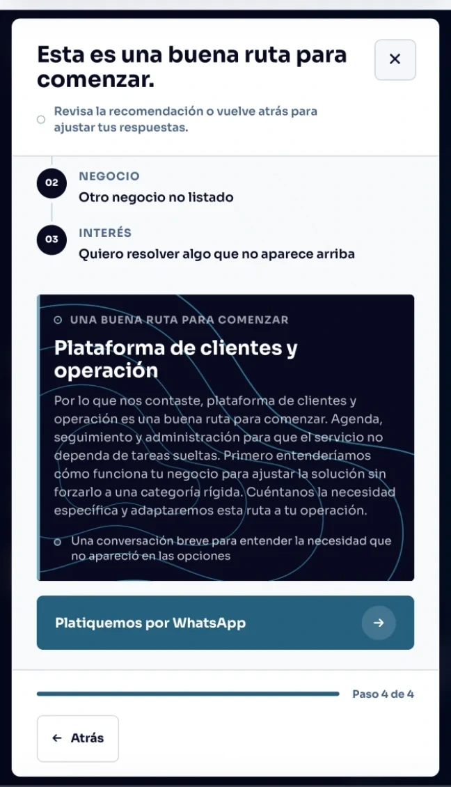 Quote builder, step 4: recommendation and WhatsApp button